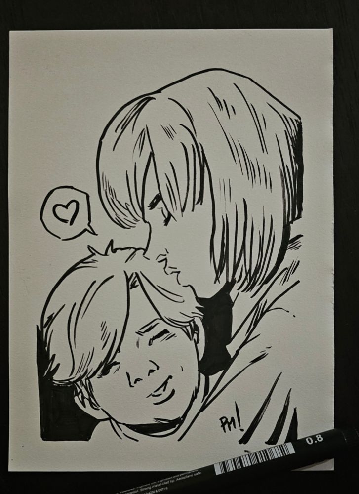 An ink sketch of a single mother, Monica, kissing her youngest son, Kenneth, on the crown. 