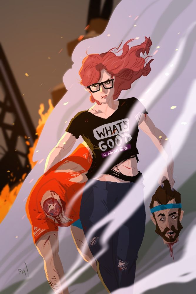 The redheaded super woman walks through smoke and destruction towards the viewer, a headless corpse and the severed head in each hand. 