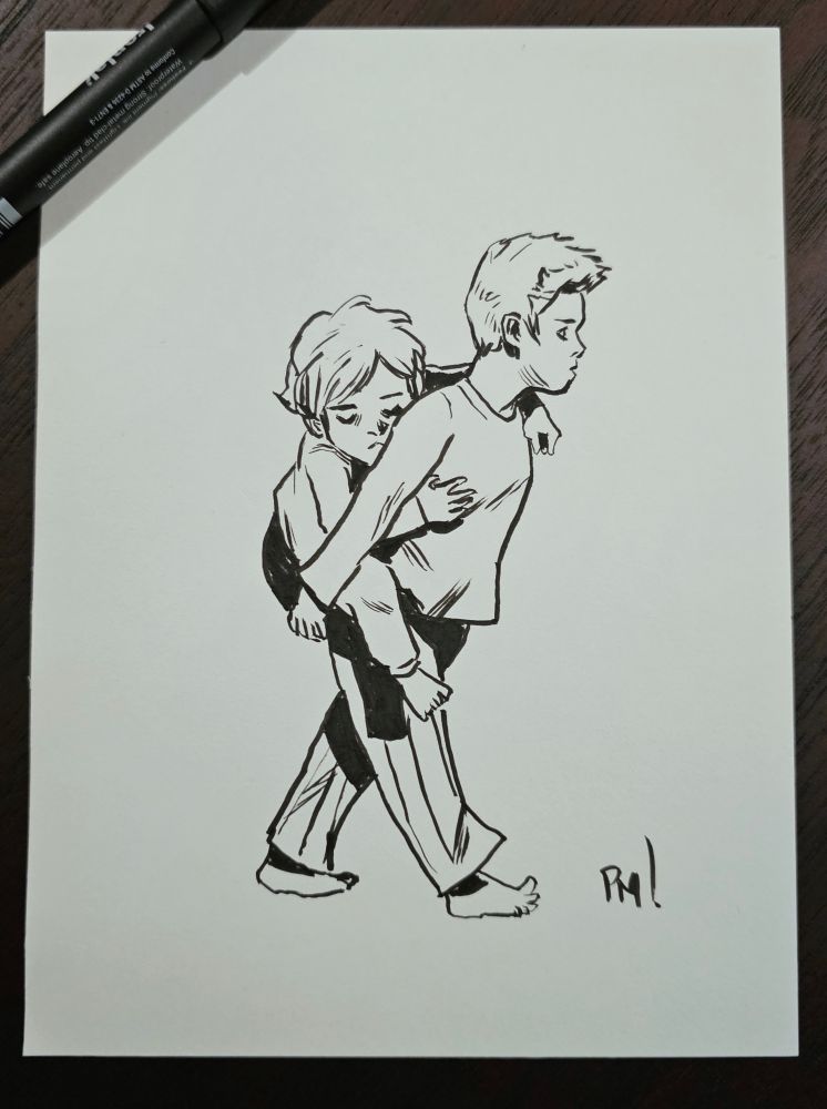 A boy (Michael) gives his sleeping younger brother (Kenneth) a piggyback to their room.