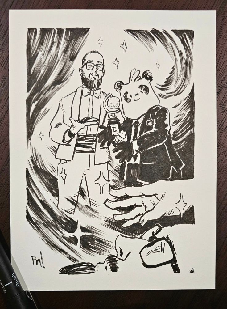 a hypnotised writer is magic dreaming about winning a comic book award. A super handsome Panda in a suit stands besides him in the vision.