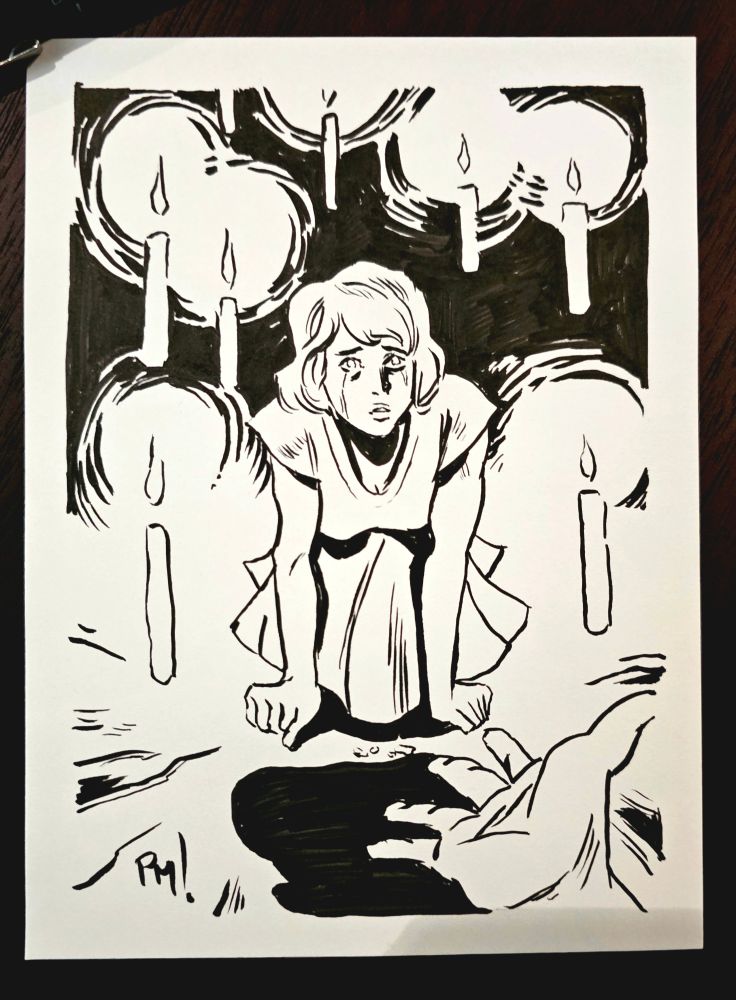 a crying woman on her knees considering options. Candles float around her. An outstretched hand reaching out, offering an escape.