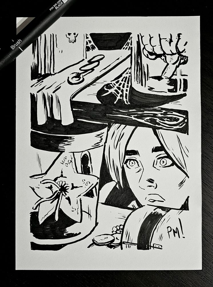 Young girl (Kelly) peers between shelves. She stares at a jar with a starfish, unaware of the danger.