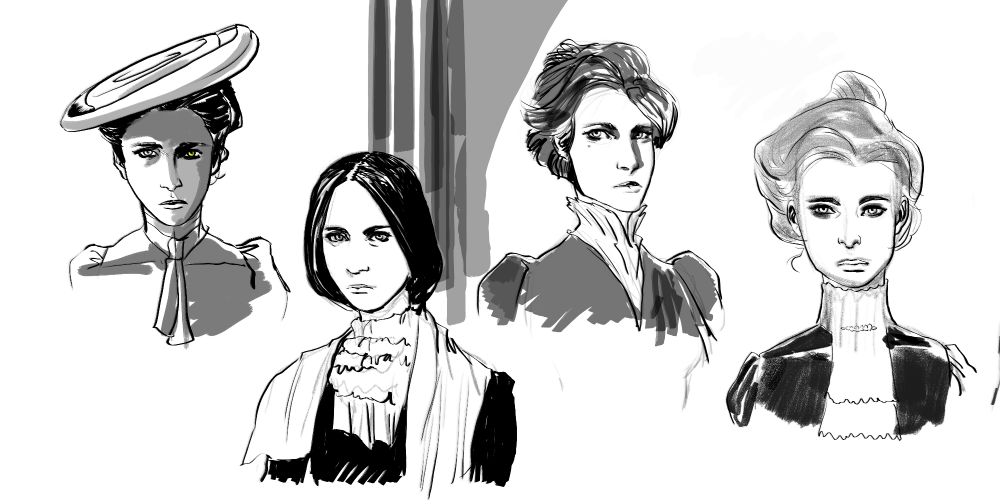 early sketches of a female character with different period hairstyles and of differing facial features.