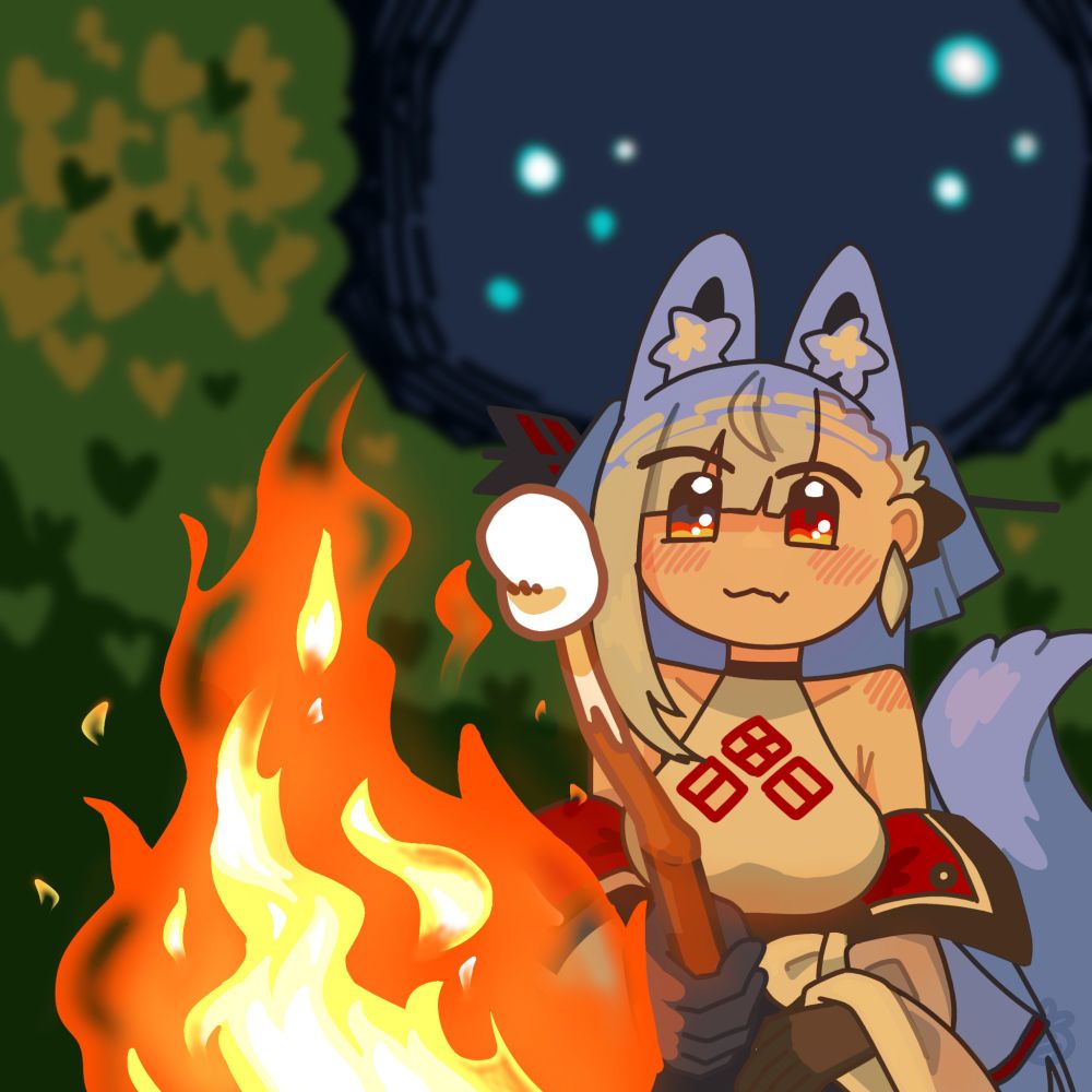 タンゲコトエちゃんが焚き火でマシュマロ焼いてる