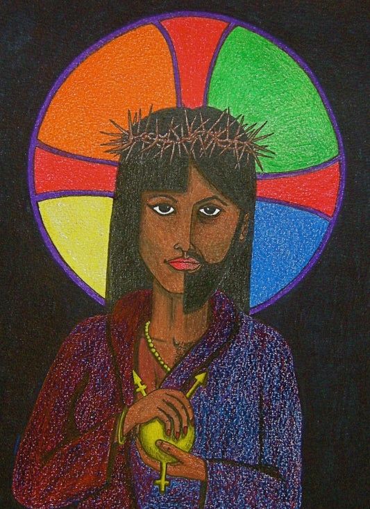 “Neither Image of Christ” by David Hayward (NakedPastor) portrays Jesus as transgender. Jesus stands robed and crowned with thorns, holding a heart inscribed with inclusive gender symbols. A segmented rainbow halo—orange, green, red, yellow, and blue—radiates behind him, evoking divine presence and LGBTQ+ affirmation. The beaded necklace adds a touch of personal adornment, blending sacred tradition with embodied identity. The artwork challenges binary norms and invites reflection on the radical inclusivity of Christ.
