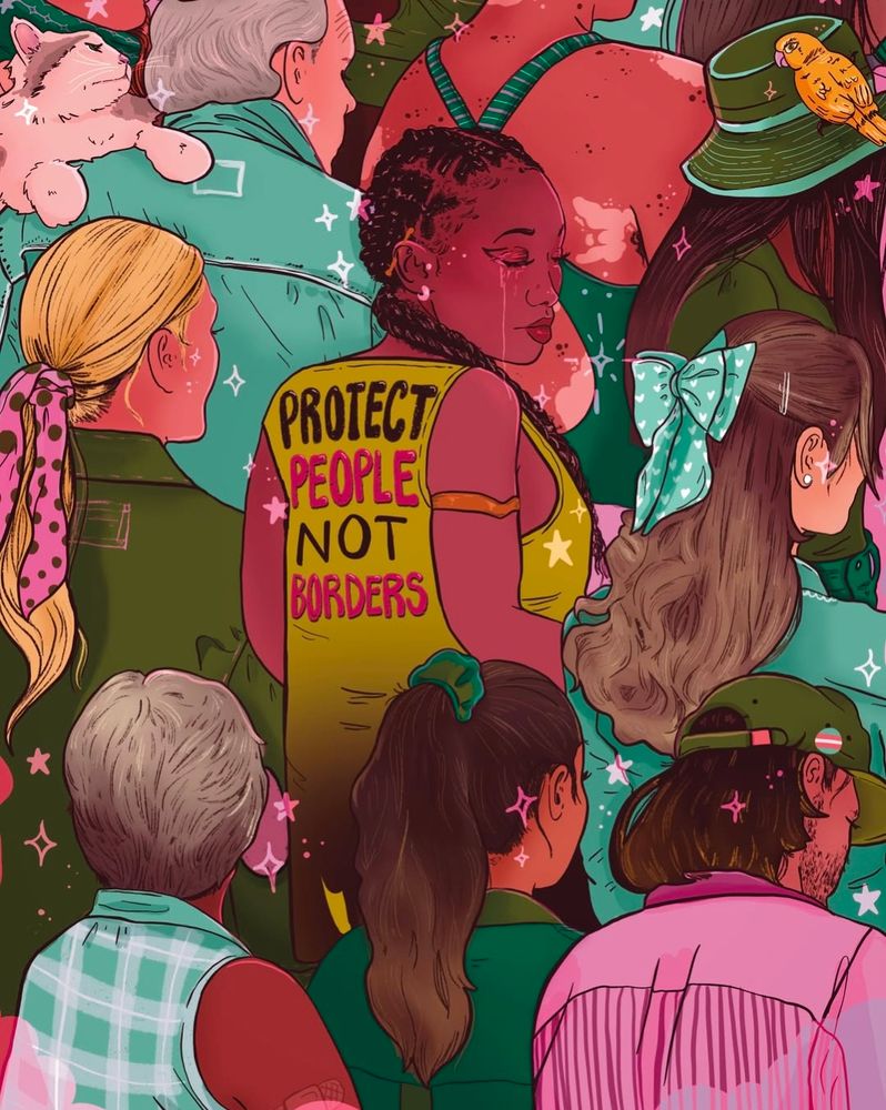 An illustration of a diverse group of people seen from behind. One person is wearing a yellow shirt with the text "PROTECT PEOPLE NOT BORDERS" written on it. The group includes individuals with different hairstyles, clothing, and accessories, such as a person with a pink polka dot scarf, a person with a green bow, and a person with a hat featuring a bird. The background is decorated with stars and sparkles.
