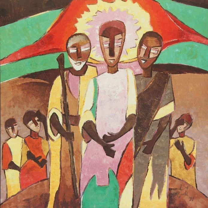 A bold, abstract painting by Nigerian artist Augustin Kolawole Olayinka depicts the Transfiguration of Jesus. The central figure, dressed in white and pink, stands with hands clasped, flanked by two figures in yellow and brown—one holding a staff, likely representing Moses and Elijah. Behind them, additional figures in yellow and red garments suggest the disciples. The dramatic red and green backdrop features a radiant sun-like design at the top center, symbolizing divine glory. The composition uses vivid colors and stylized forms to evoke awe and spiritual transformation.