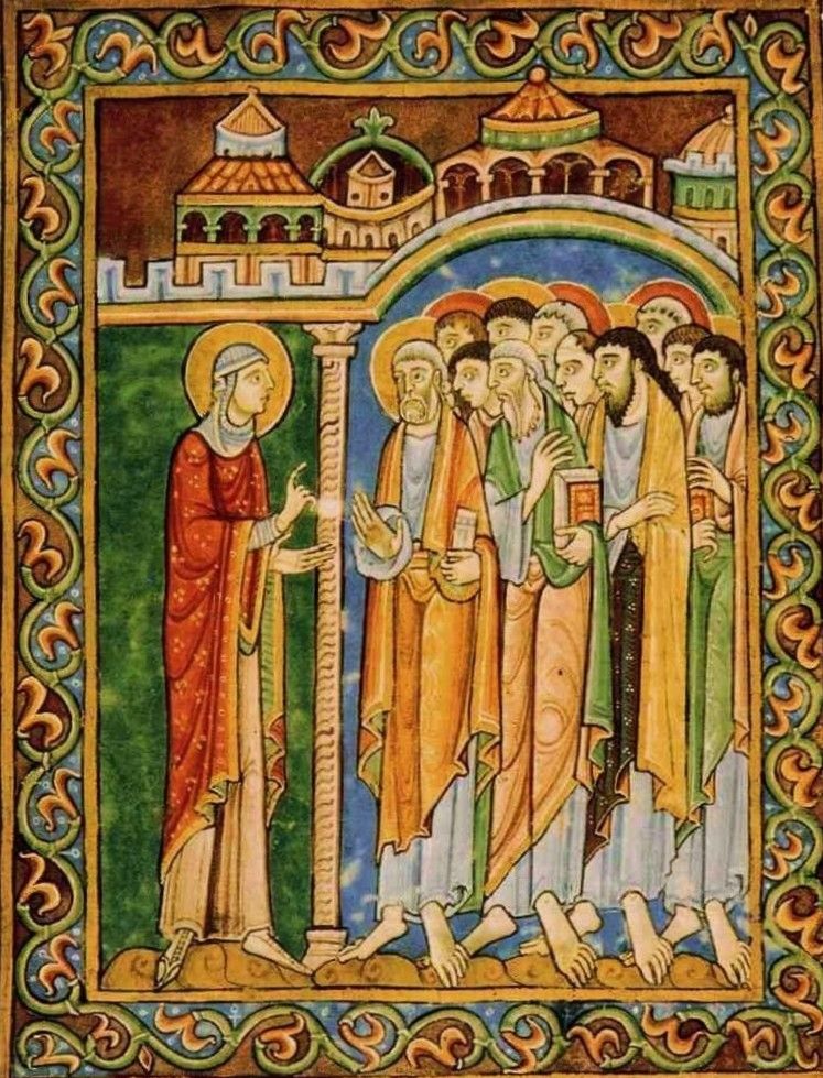 Illuminated manuscript showing Mary Magdalene in red robes and a golden halo, preaching to a group of apostles beneath an archway. The apostles, some holding books, listen attentively. The scene is framed by ornate architectural elements and a richly patterned border.
