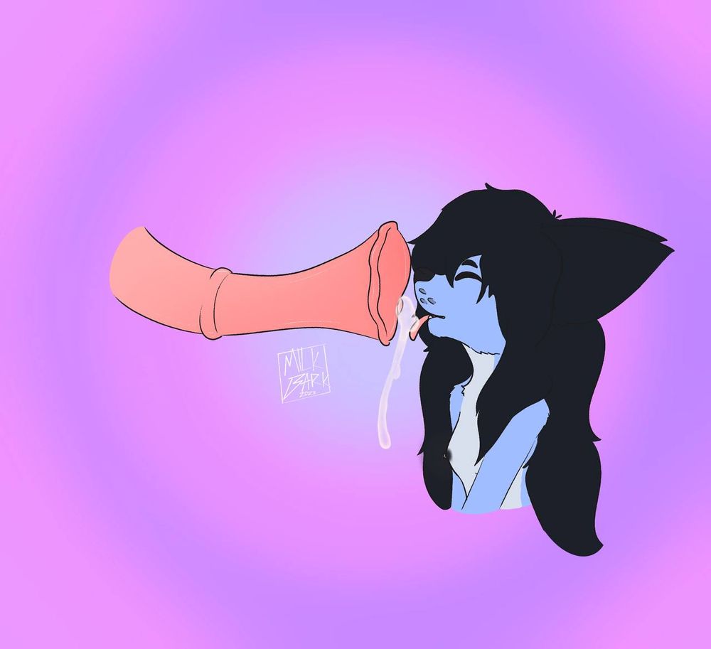 Blue canine licking cum from a flared horse penis.