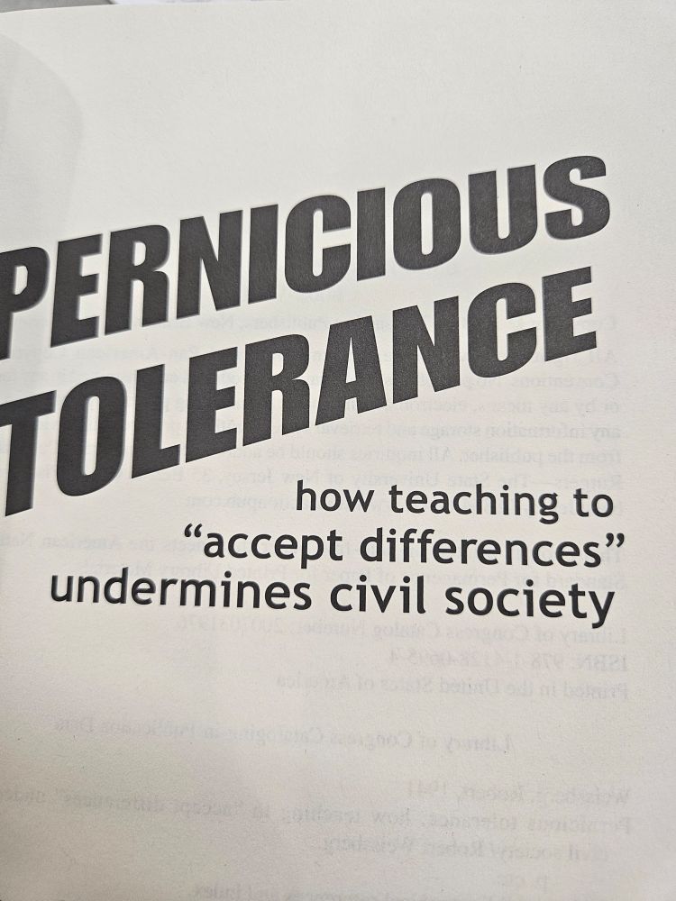 Photo of the title page "Pernicious Tolerance: hpw teaching to 'accept differences' undermines civil society"