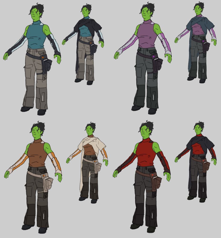 Four different colour variations of a character 