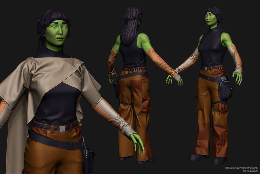 Turnaround of a 3D character sculpt of a green woman with heavy cargo pants and a sleeveless top