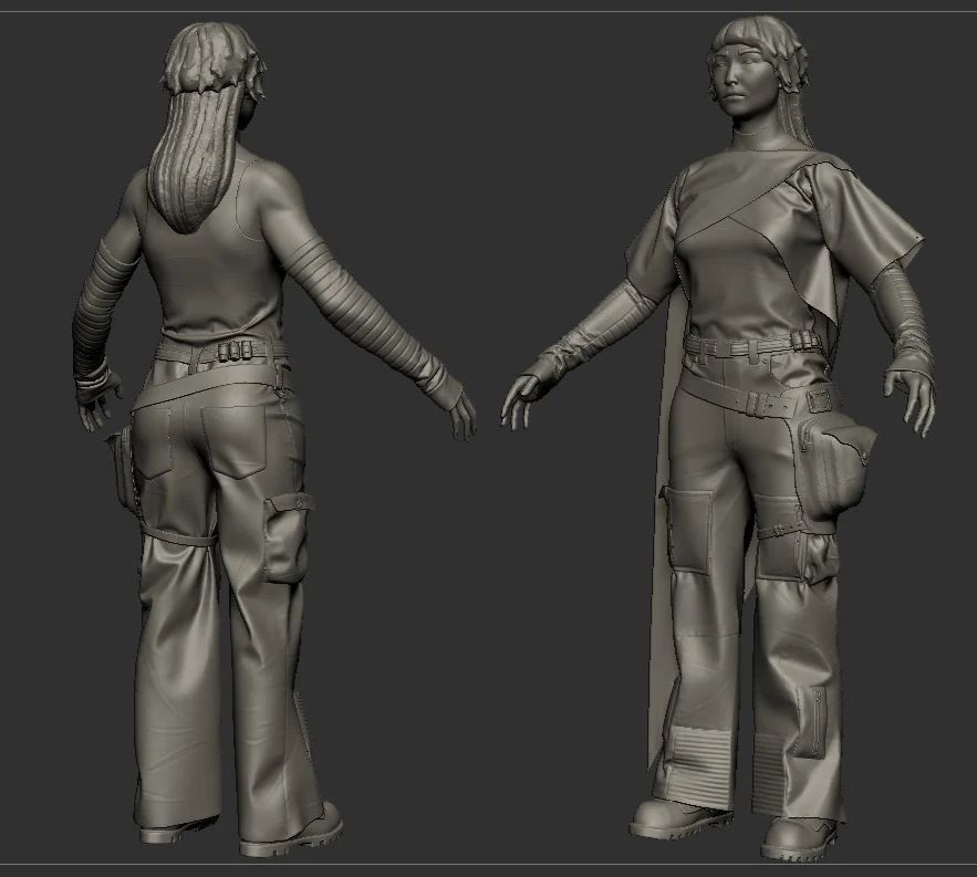 Turnaround of a 3D character sculpt of a woman
