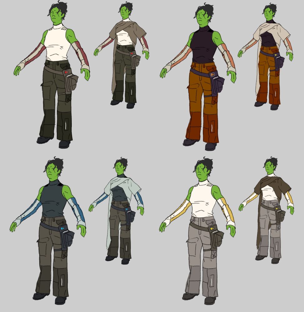 Four different colour variations of a character 