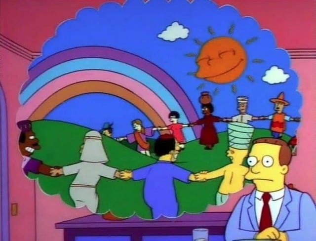 Lionel hutz from the simpsons imagining a world without lawyers where everybody is dancing together in peace