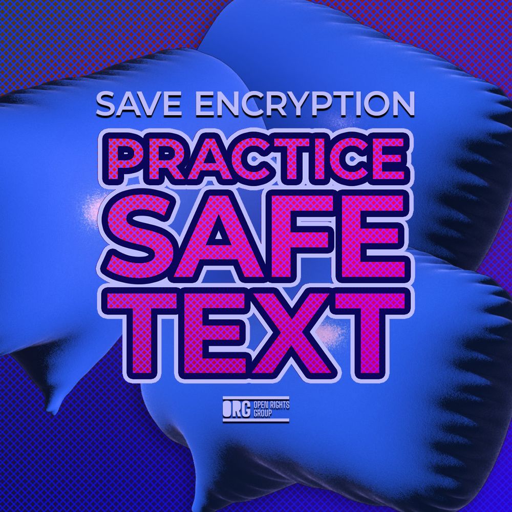 Image: Three blue 3D inflated message icons overlapping each other on a pink/blue gradient background. Text: Save Encryption – Practice Safe Text.