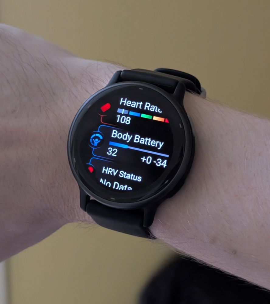 Smartwatch showing a 'Body Battery' level at 32 out of 100