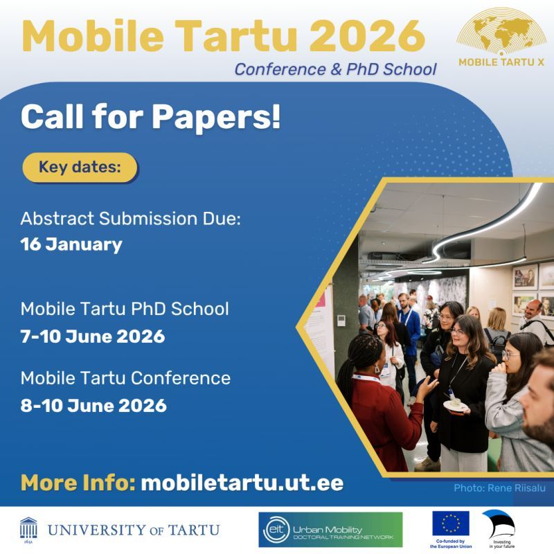 Call for papers for the next years #MobileTartu2026 is out now. Conference is on June 8-10 2026 (PhD school on June 7), submission deadline is 16 Janurary 2026. https://mobiletartu.ut.ee/call-for-papers/ #gischat #HumanMobility #unitartu