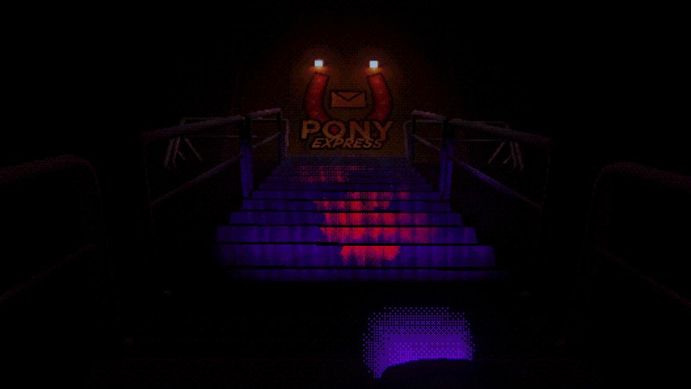 A dark purple lit staircase with an ominous Pony Express sign at the top.