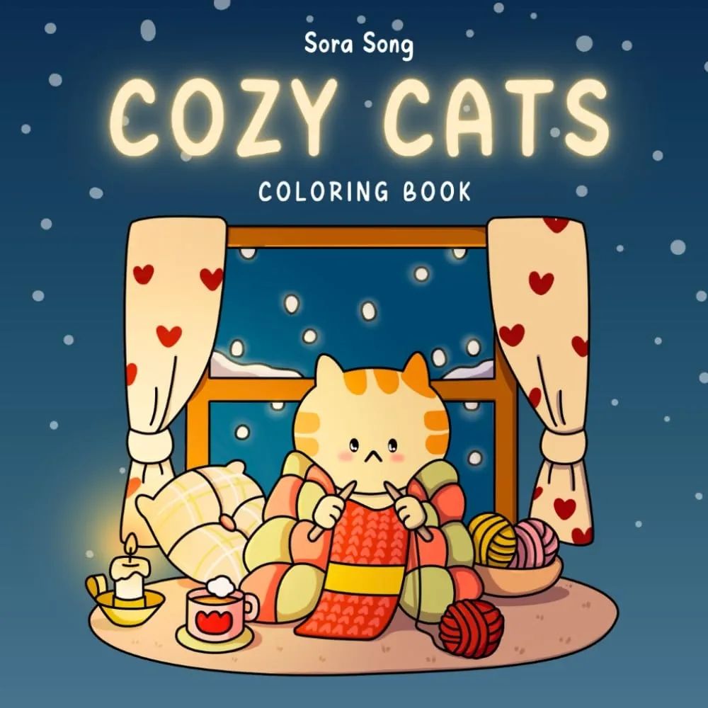 Cover of our coloring book "cozy cats" featuring a cute car knitting by a window as it snows outside
