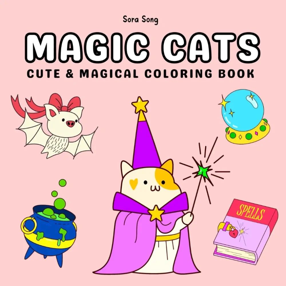 Picture of our coloring book "magic cats" featuring a witchy cat, a spell book, an orb, a caldron and a cute little bat.