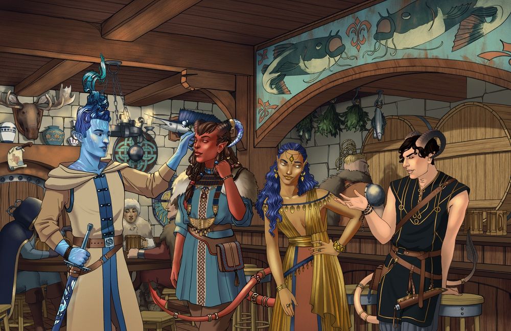 Four d&d characters, Dram (a tall male representing individual with blue dappled skin and blue floating hair wearing a long robe and wielding an icy glowing sword), Settai (a robust female representing individual with red skin, horns and a long demonic tail wearing a blue shift and furs, she has donned various accessories with ancient runes on them), Hecate (a female representing individual with blue hair and golden skin wearing yellow silks with a deep v cut on the chest, she has donned many golden accessories and precious stones and looks quite flirty) and Marik (a short male representing individual with white skin, short black curly hair, horns and a long demonic tail wearing a black shift with golden ribbons seen on it) standing in a tavern called the blind catfish. The interior is warm and inviting. Three npcs are talking to each other in the background and the barman is pouring ale for the customers.
