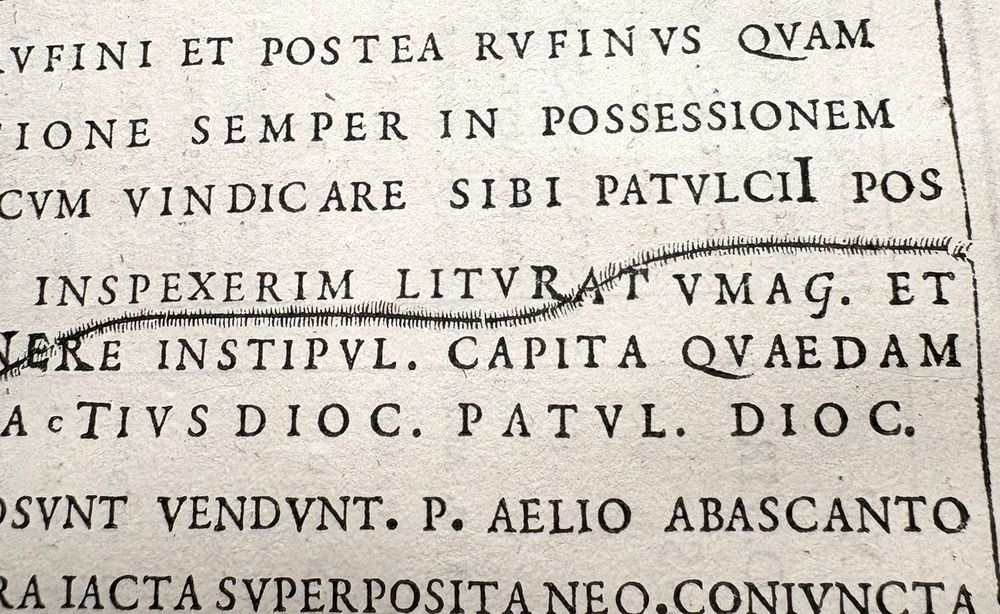 Detail of a woodcut integrated in a typeset text to display visual damage on a funeral stone.