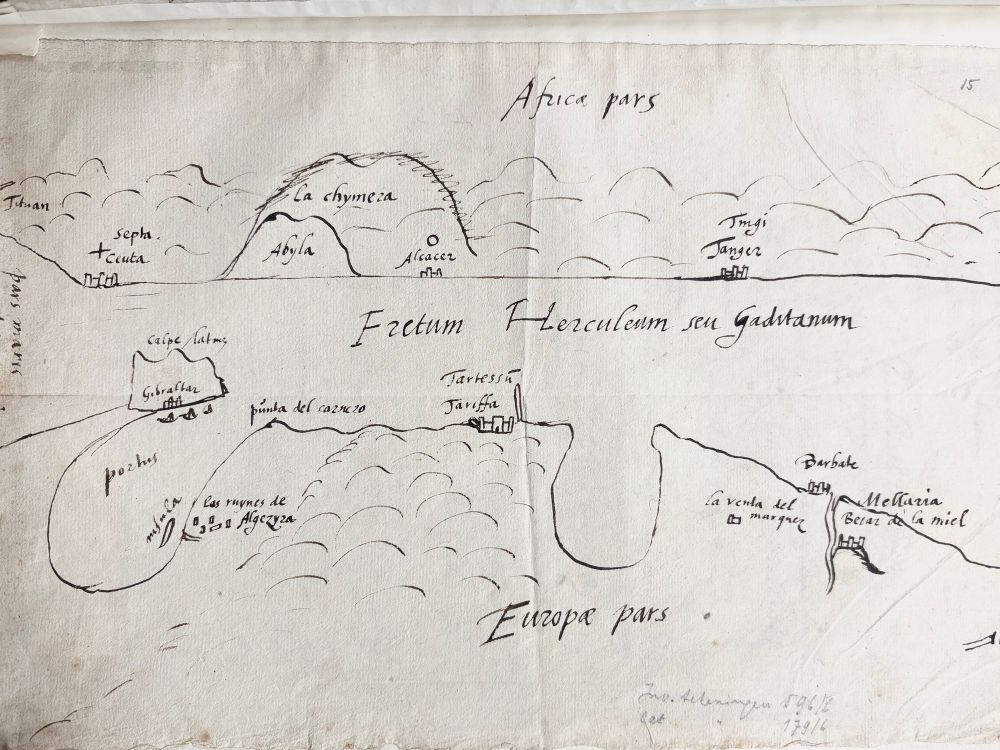 Sketch of the Strait of Gibraltar on early modern paper with iron gallon ink with some cities named, such as Tanger. The map is positioned with the north at the bottom.