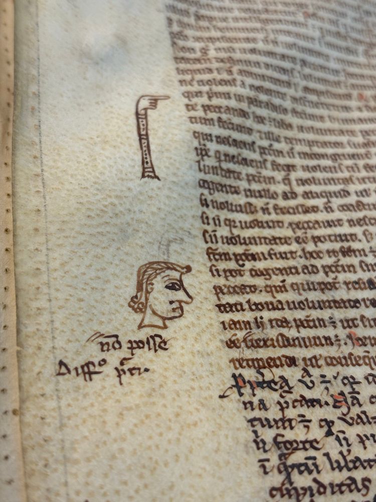 Detail of a manicure and a little face gesturing towards the handwritten text of a manuscript in gothic script written on parchment. The man depicted seems angry. The manicure has a sleeve