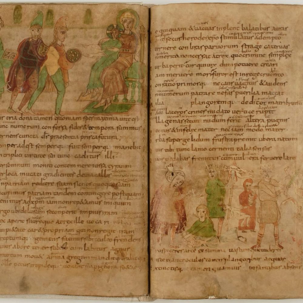Two facing parchment pages of the 8th-century manuscript written in an Karolingian script and with miniatures on the right