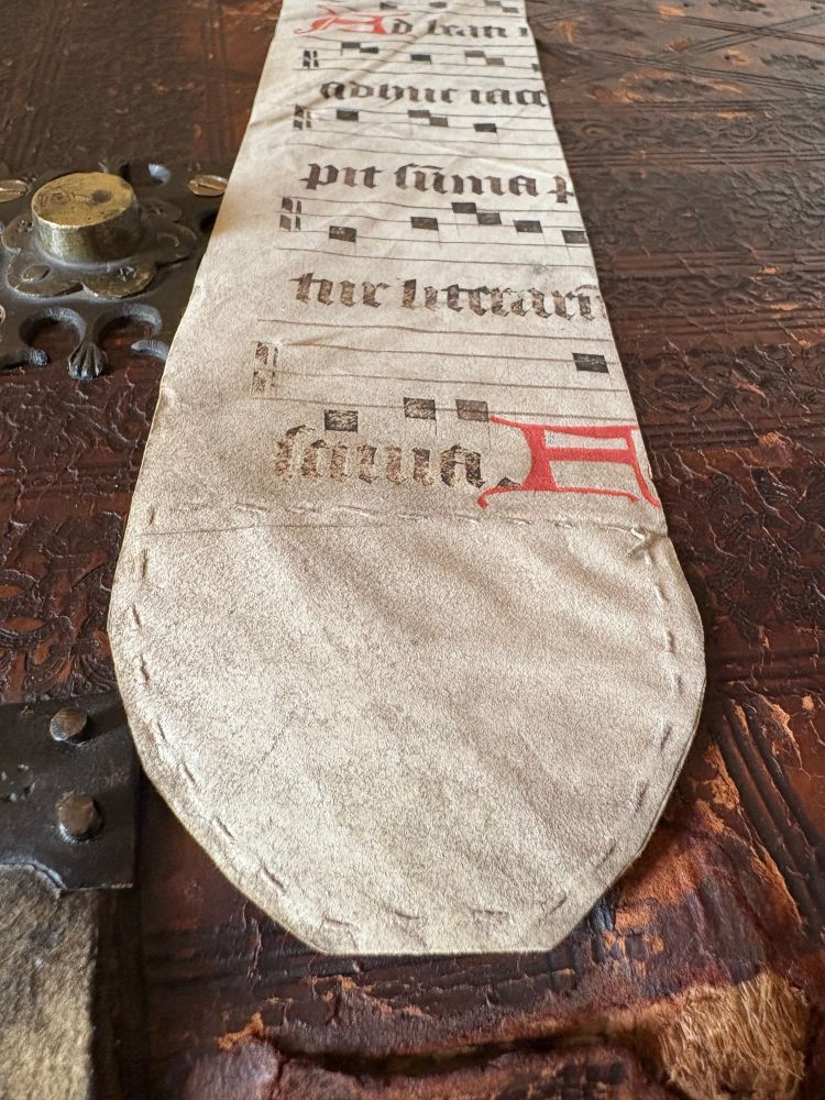 Detail of the longer fragment with a rounded and reinforced end on top of the leather cover of an early modern book.