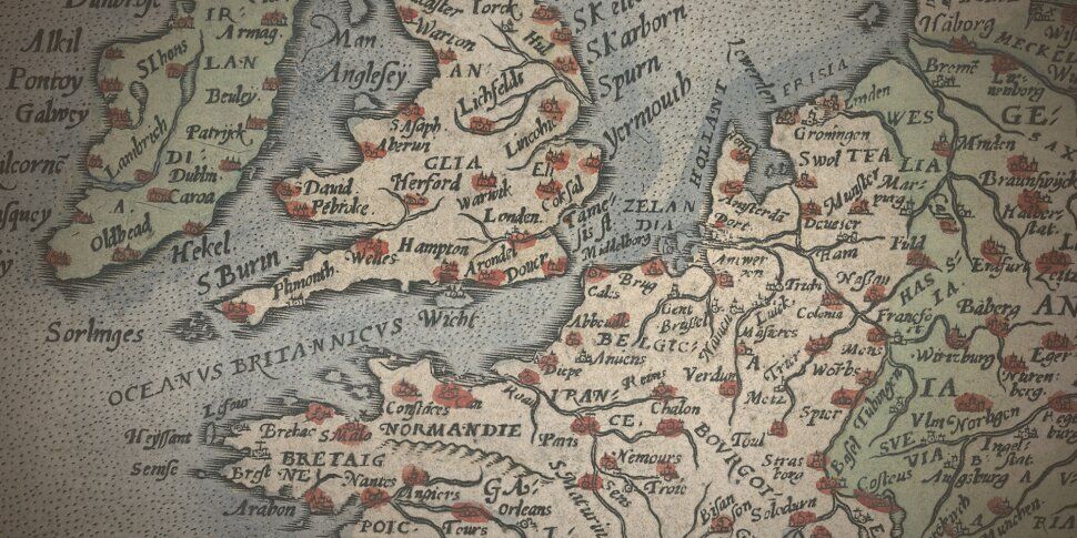 Detail of Abraham Ortelius' hand coloured map of Europe focused on the North Sea with Antwerp and London depicted.