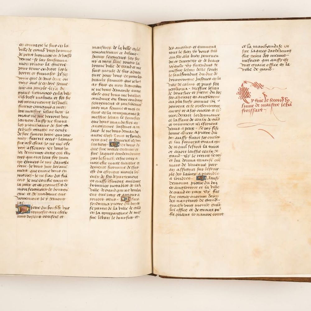 Last folio in a volume of the Chroniques by Jean Froissart. A book handwritten on parchment.