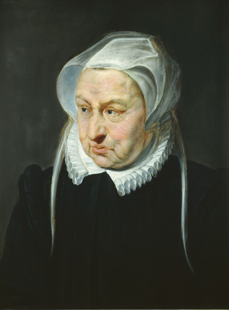 Portrait of Jeanne Rivière in her later years. A women with a lace head piece and black attire looking rather strict to the left.