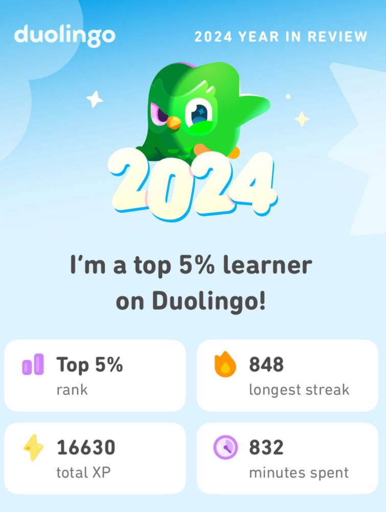 Duolingo 2024 year in review

“I’m a top 5% learner on duolingo”

Top 5% rank
848 longest streak
16630 total XP
832 minutes spent