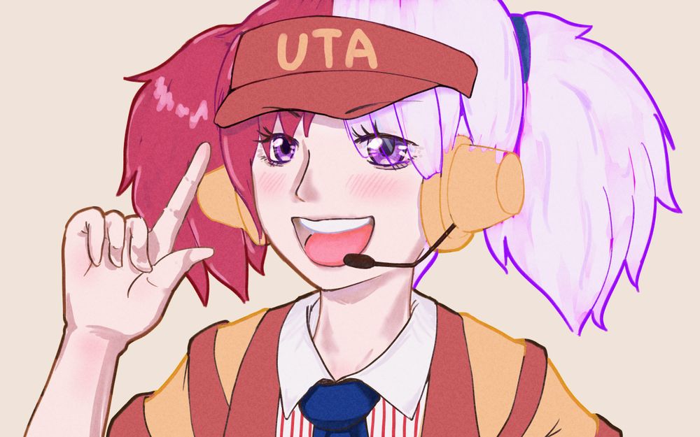 ウタという名前の女の子が、赤と白のツートーンの髪でツインテールにし、『いまだけダブチ美』のキャラクター衣装を着ている。UTAと書かれた帽子とヘッドセットをつけ、笑顔で指を立てている。