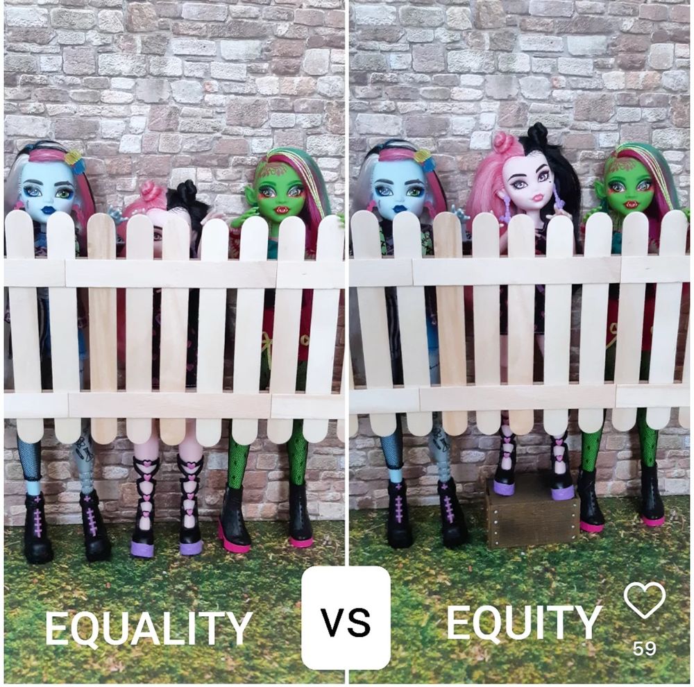 “equality vs equity meme” with monster high dolls