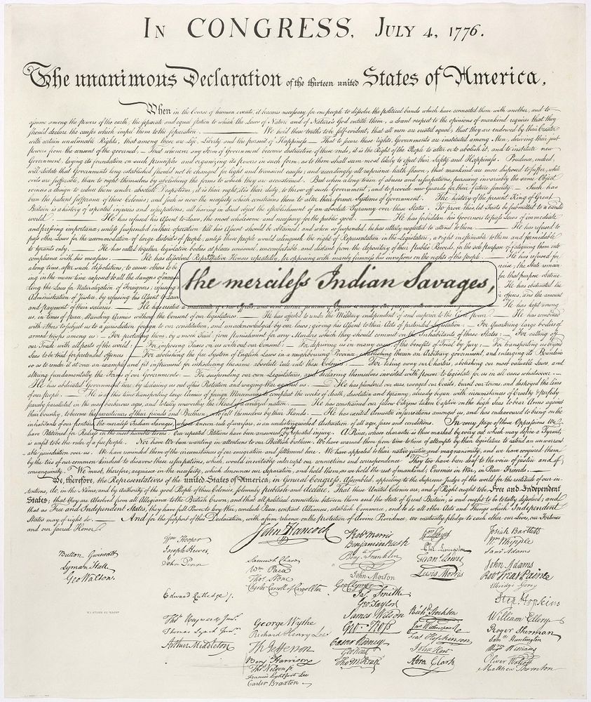 declaration of independence with merciless indian savages part hightlighted
