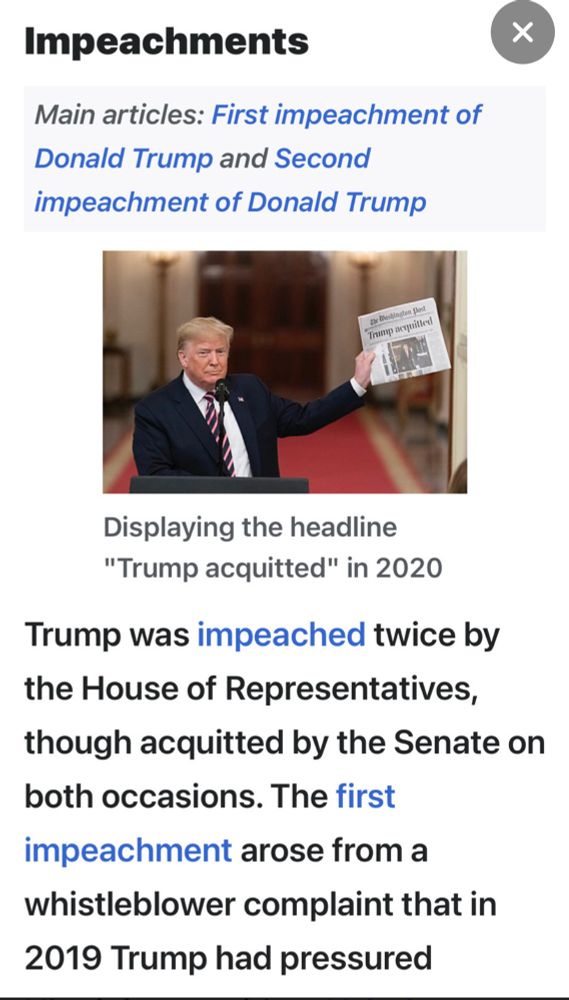Impeachments Main articles: First impeachment of Donald Trump and Second impeachment of Donald Trump ton pest Trump acquitted Displaying the headline 