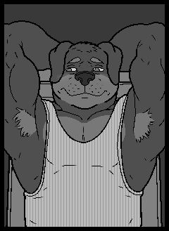 Pixel art portrait of anthro Rottweiler man with bashful expression