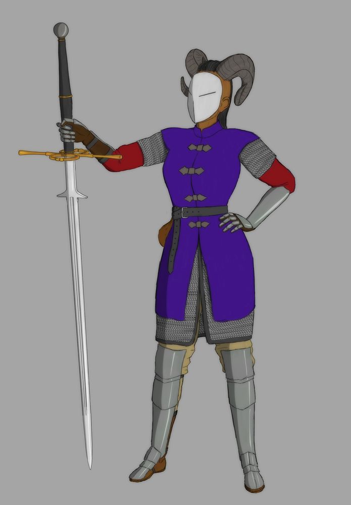 Drawing of a tiefling with ram horns wearing a white mask, a purple surcoat over chain mail, and holding a zweihander.