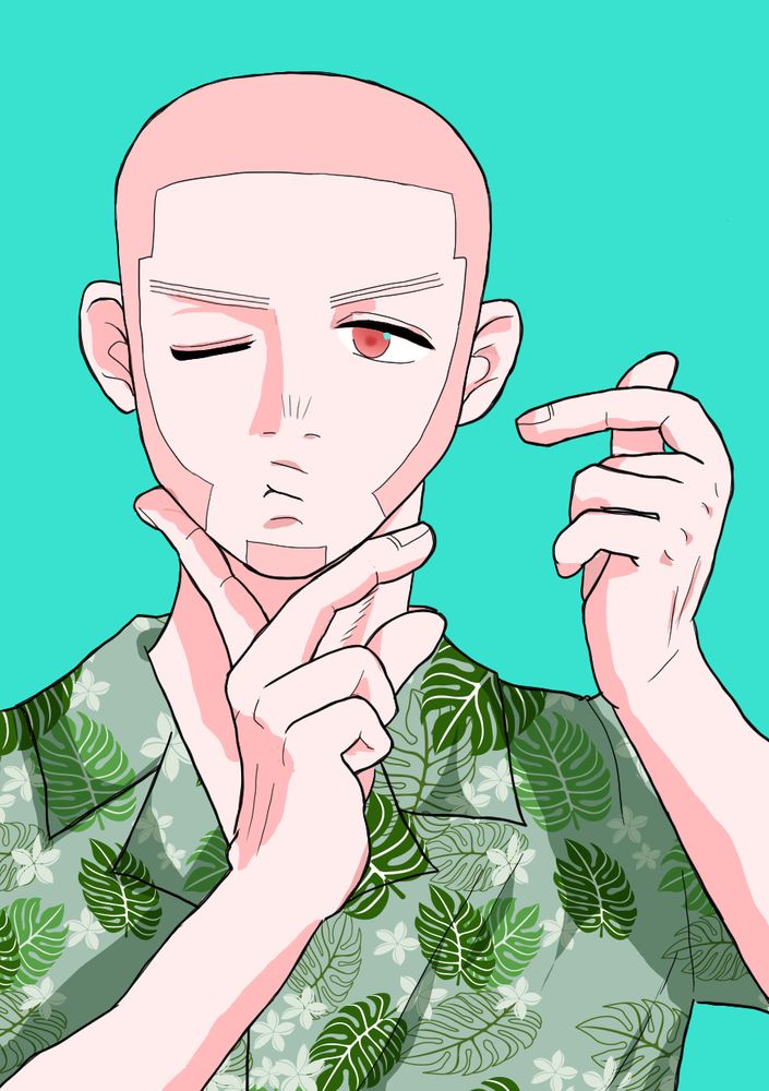 はっぱ模様のアロハ着た白石のイラストです。左手で指ハートつくって口をつぼんでいる