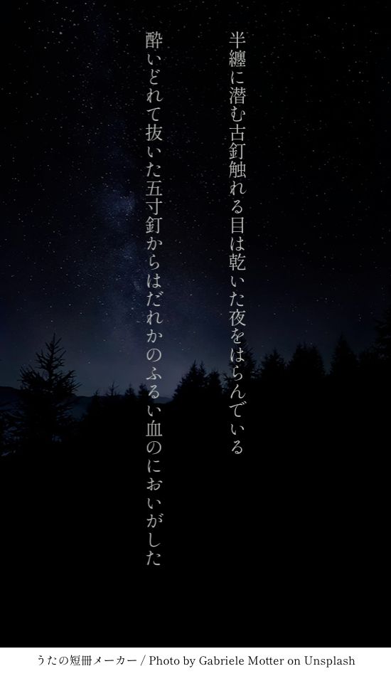 半纏に潜む古釘触れる目は乾いた夜をはらんでいる
酔いどれて抜いた五寸釘からはだれかのふるい血のにおいがした