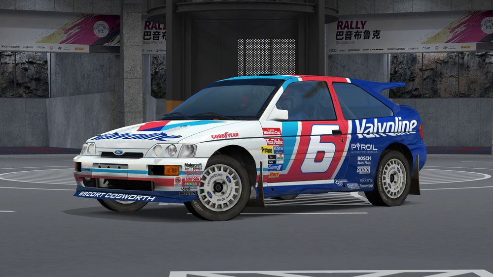 a Ford Escort Cosworth in Richard Burns Rally, featuring Mark Martin's Valvoline livery from the early 1990s