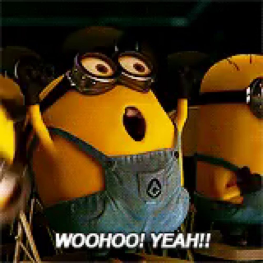 a group of minions are standing next to each other and one of them is saying woohoo ! yeah !