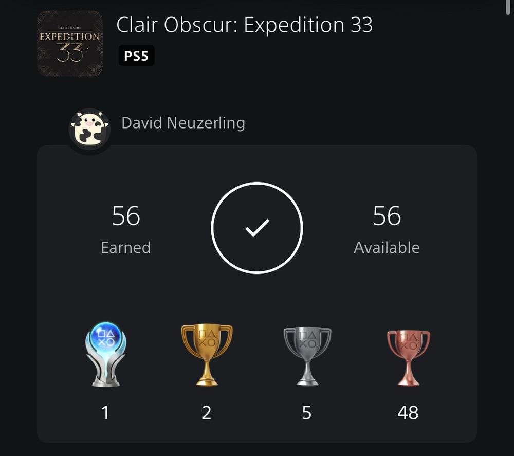 A screenshot of PlayStation trophies for Clair Obscur: Expedition 33, with 100% obtained