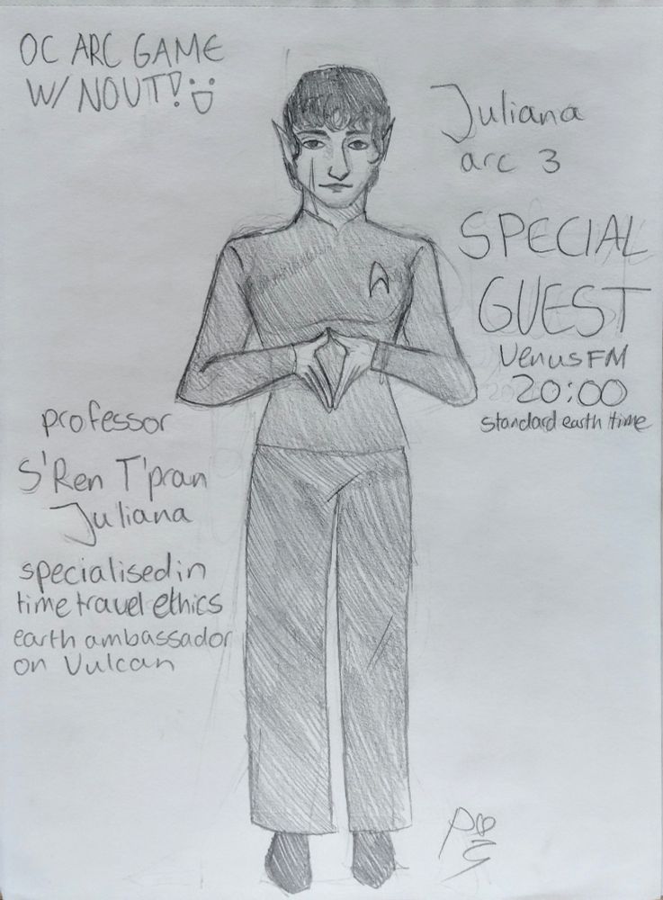Drawing of the same woman this time with short hair and in Starfleet (an alliance from the tv series Star Trek) uniform.