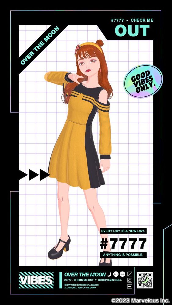 A screenshot from the video game "Fashion Dreamer"
The image's subject is styled to look like Reine. Her auburn hair is mostly down, with two small buns on the sides of her head. She has a yellow hair band with a red and black 'plus' sign on one side. She is wearing a yellow dress with black stripes at various points, that has a sort of sporty, almost tennis-dress vibe to it. Her shoes are black, rounded-toe pumps, with some yellow on the under-side of the heels.

Reine is in a confident pose, with her legs a shoulder apart from each other. She looks intently at the camera.

There is a frame made to look like a magazine page. The following phrases are visible on it:
- Over the moon
- #7777 - Check Me OUT
- Good vibes only
- Every day is a new day [#7777] Anything is possible
As well as the gist of these phrases repeated in various other locations of the image.
