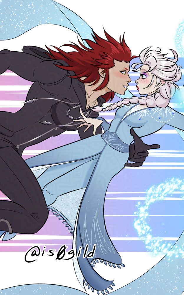 Elsa from Frozen and Axel/Lea from Kingdom Hearts. She’s wearing her blue travel outfit from Frozen 2. He’s wearing his black Organization XIII coat. He’s charging at her with a smirk as she leaps back looking surprised, they’re basically nose to nose. He has one arm looped around her middle with hand hovering at her waist. She has fingertips of one hand against his chest. Background is anime speed lines.