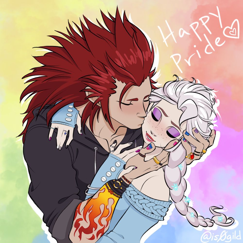 Axel from Kingdom Hearts and Elsa from Frozen/Kingdom Hearts in the pose from the Gustav Klimt painting "The Kiss" where he's embracing her tenderly with a kiss on the cheek. Elsa has ace pride colors nail polish and Axel has bi pride colors nail polish. "Happy Pride" is written in one corner.